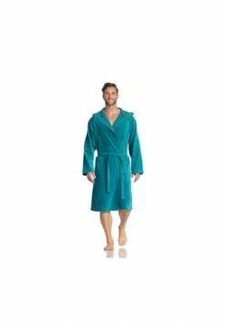 Neu ⌛ VOSSEN® Bademantel Unisex Kurzmantel Mit Kapuze Texas Lagoon - 589 Blau 🎁